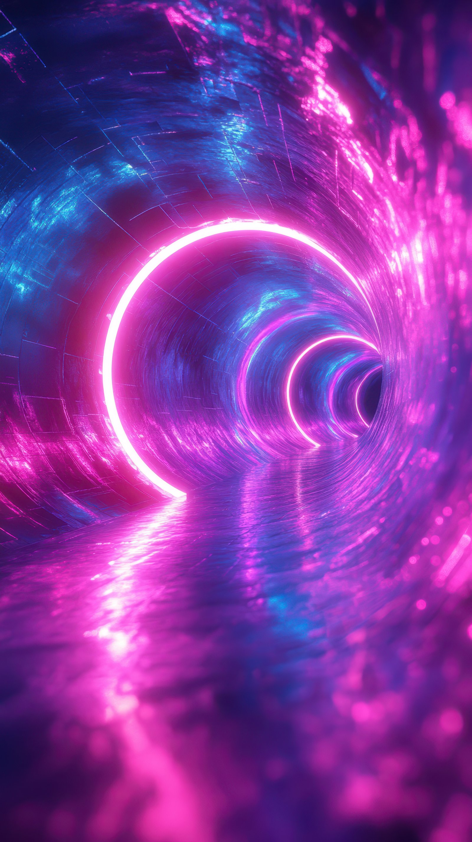 Colorful neon lights illuminate a futuristic tunnel in vibrant hues creating a mesmerizing visual experience